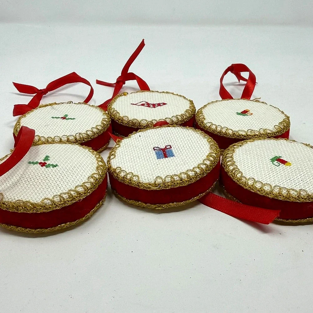Lot of 6 Vintage Handmade Cross Stitch Christmas Ornaments 2